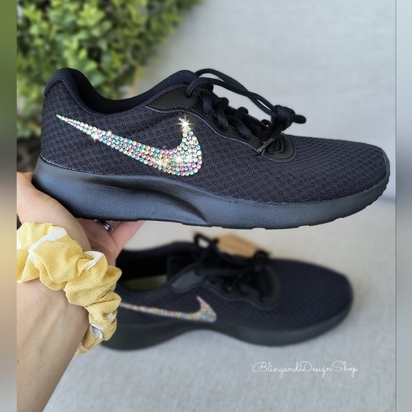 Womens Nike Black Tanjun Shoe Customized with Swarovski Crystal Rhinestones - Picture 1 of 9
